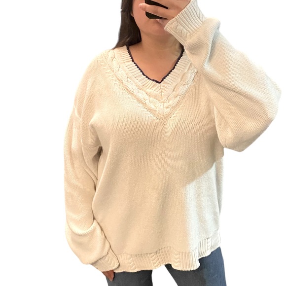 Eddie Bauer Vintage Preppy School girl cotton chunky Knit Vneck white sweater - Picture 2 of 8